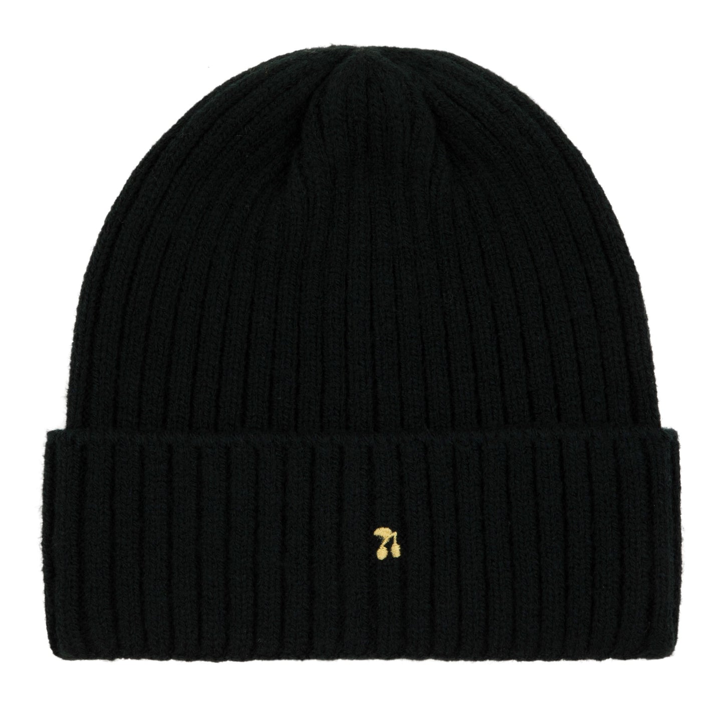 Black knit beanie with a small yellow logo on a white background