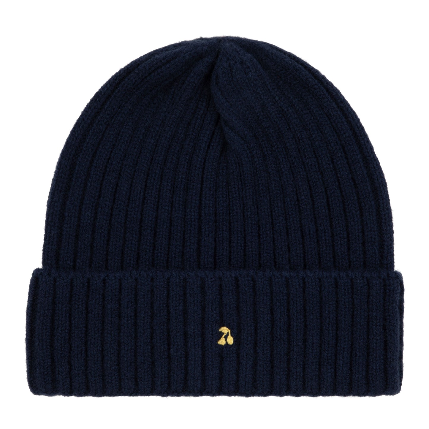 Navy blue beanie with a small gold emblem on a white background