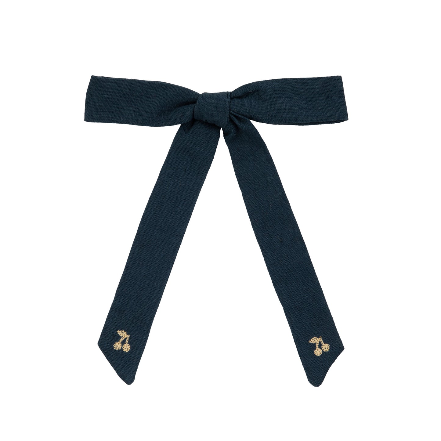 Navy blue bow with cherry embroidery on a white background