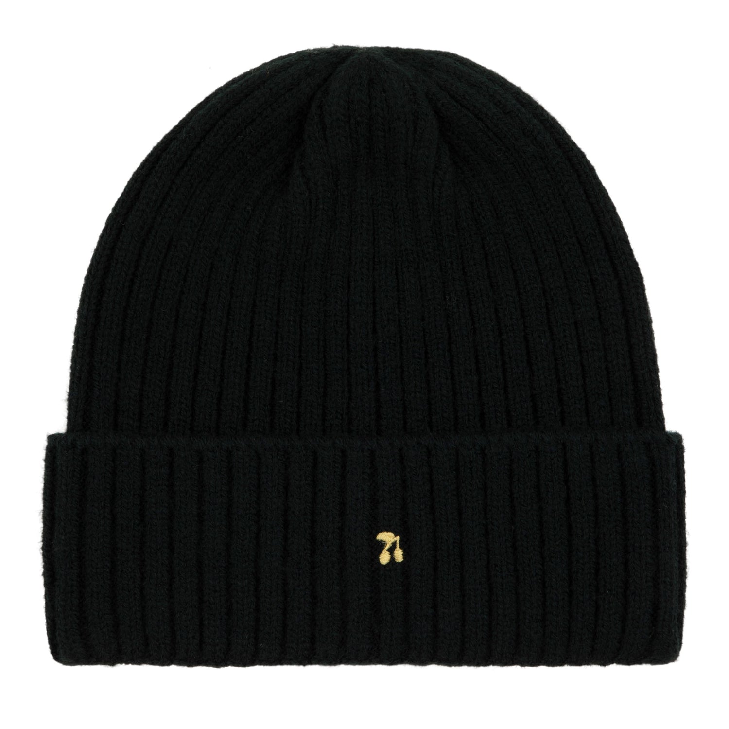 Black knit beanie with a small yellow logo on a white background