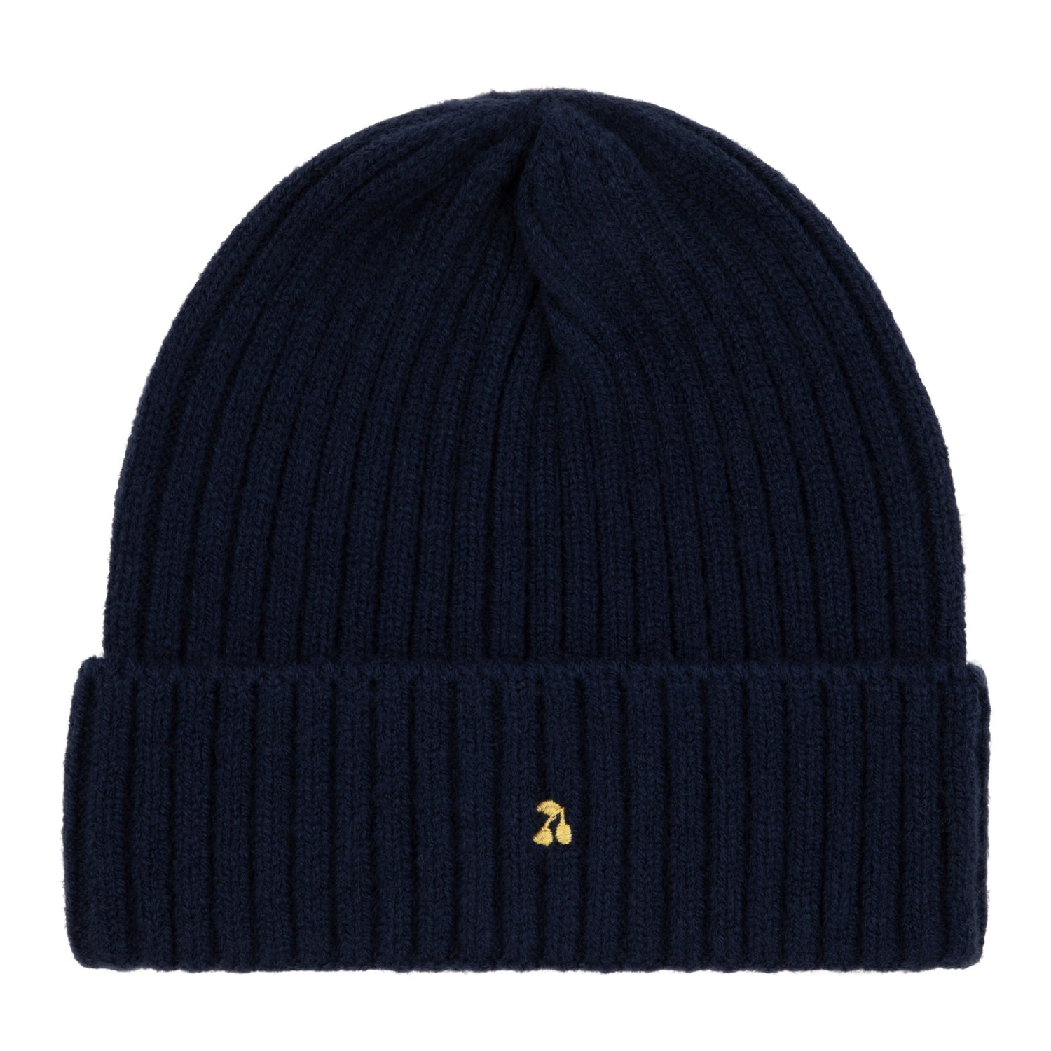 Navy blue beanie with a small gold emblem on a white background