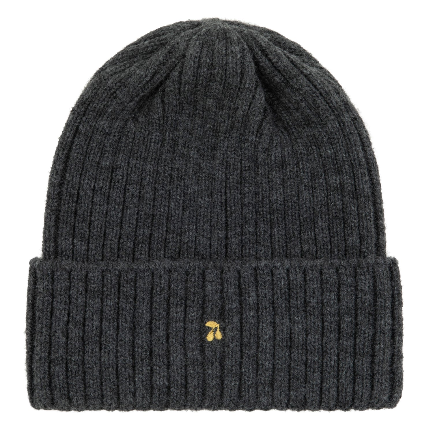 Dark gray knit beanie with a small yellow logo on a white background
