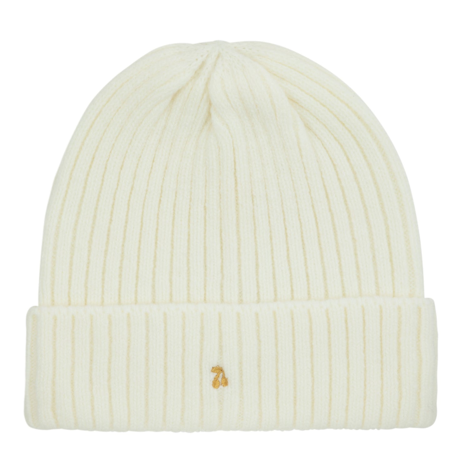 Cream-colored knit beanie with a small logo on a white background