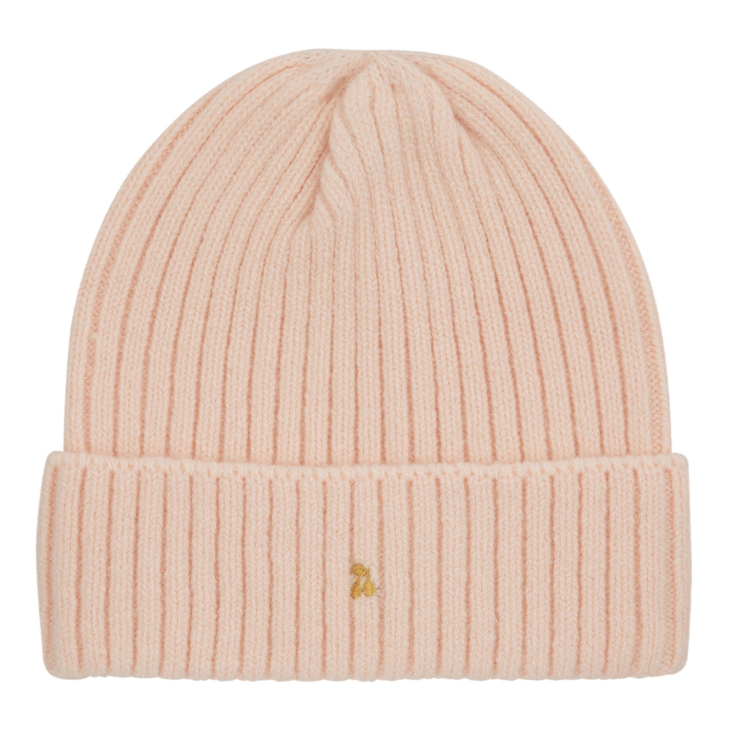 Pink beanie with a small logo on a white background