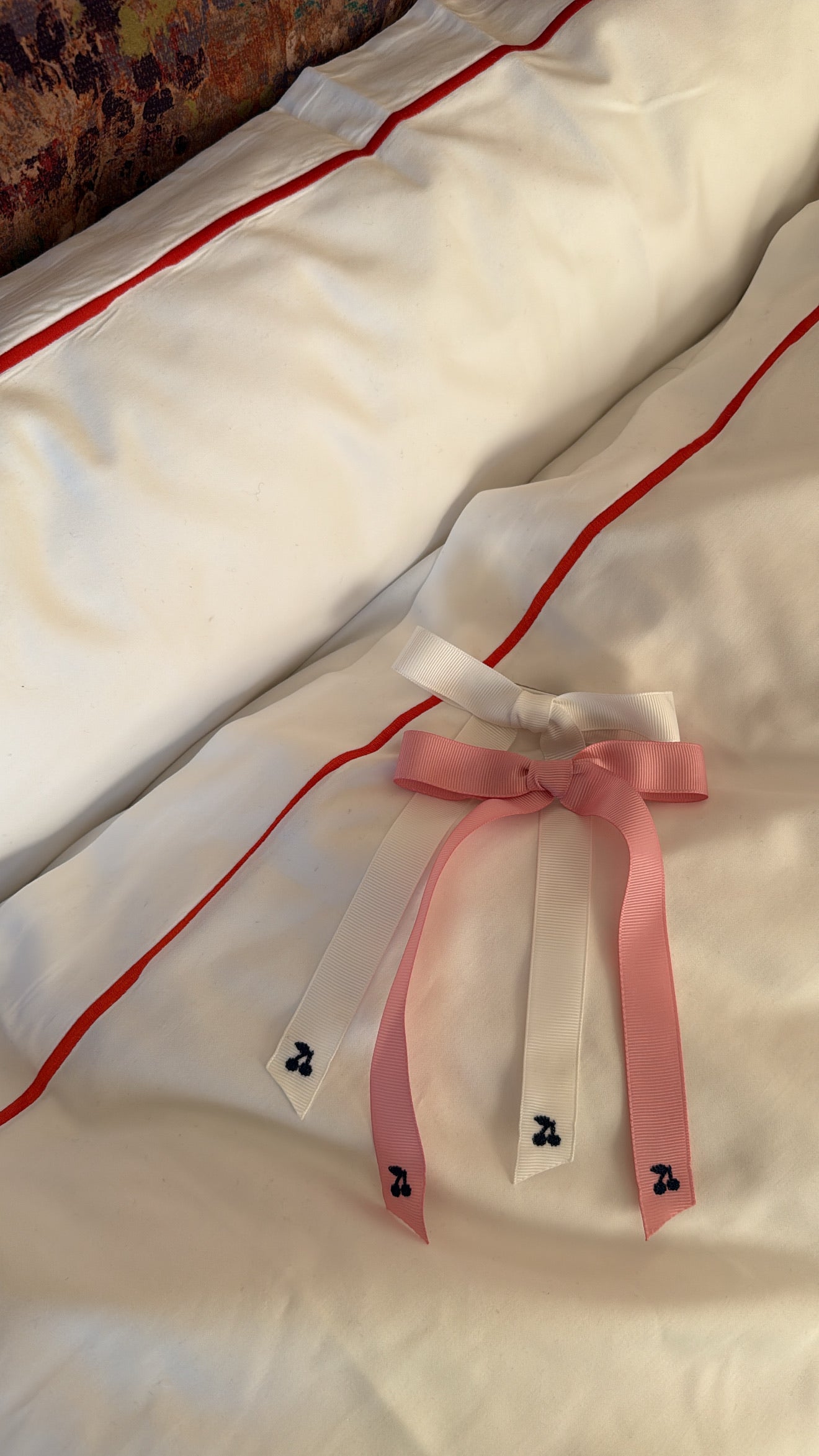 Navy thread cherry embroidered bows
